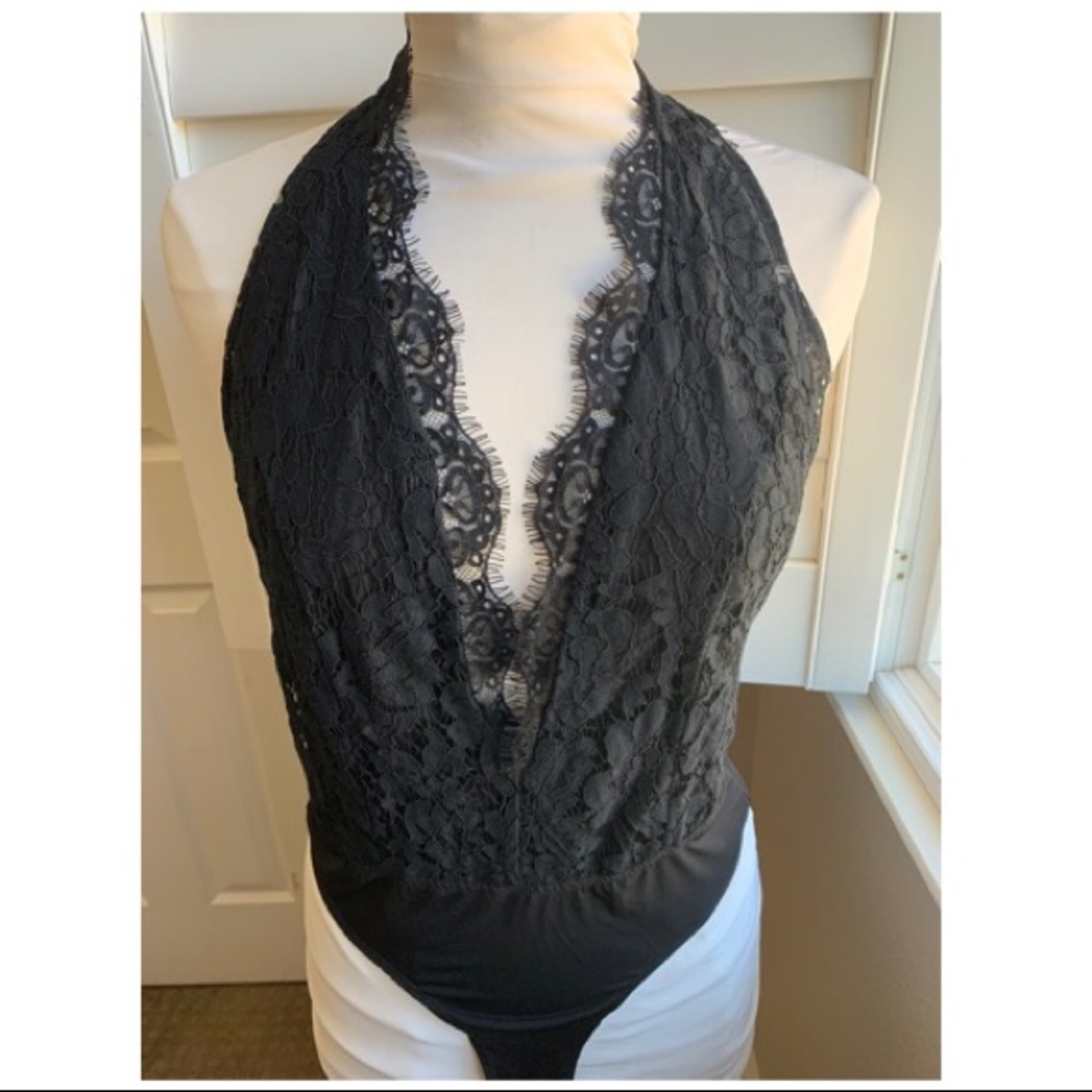 Black lace halter bodysuit
